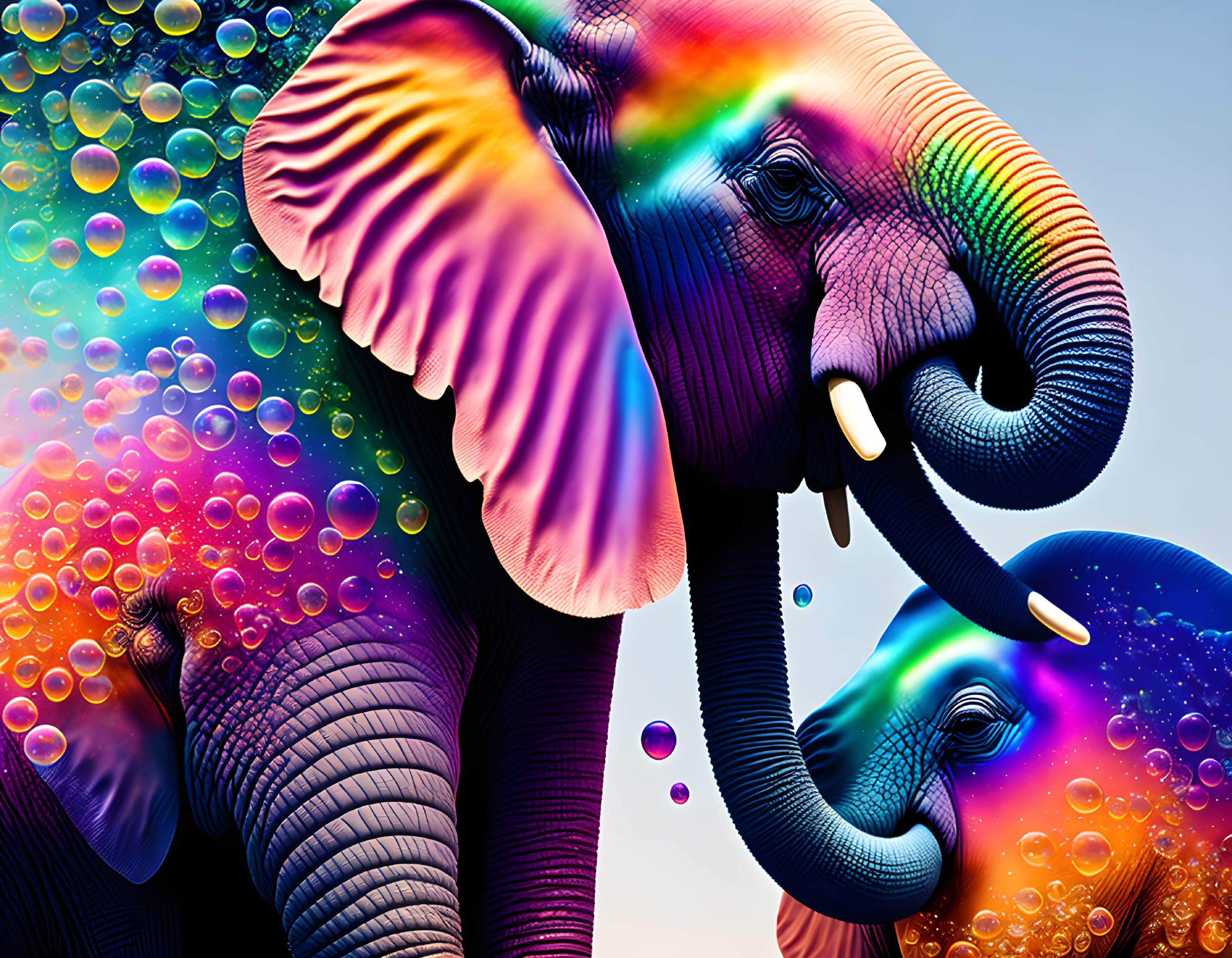 Vibrant rainbow-colored elephants with translucent bubbles