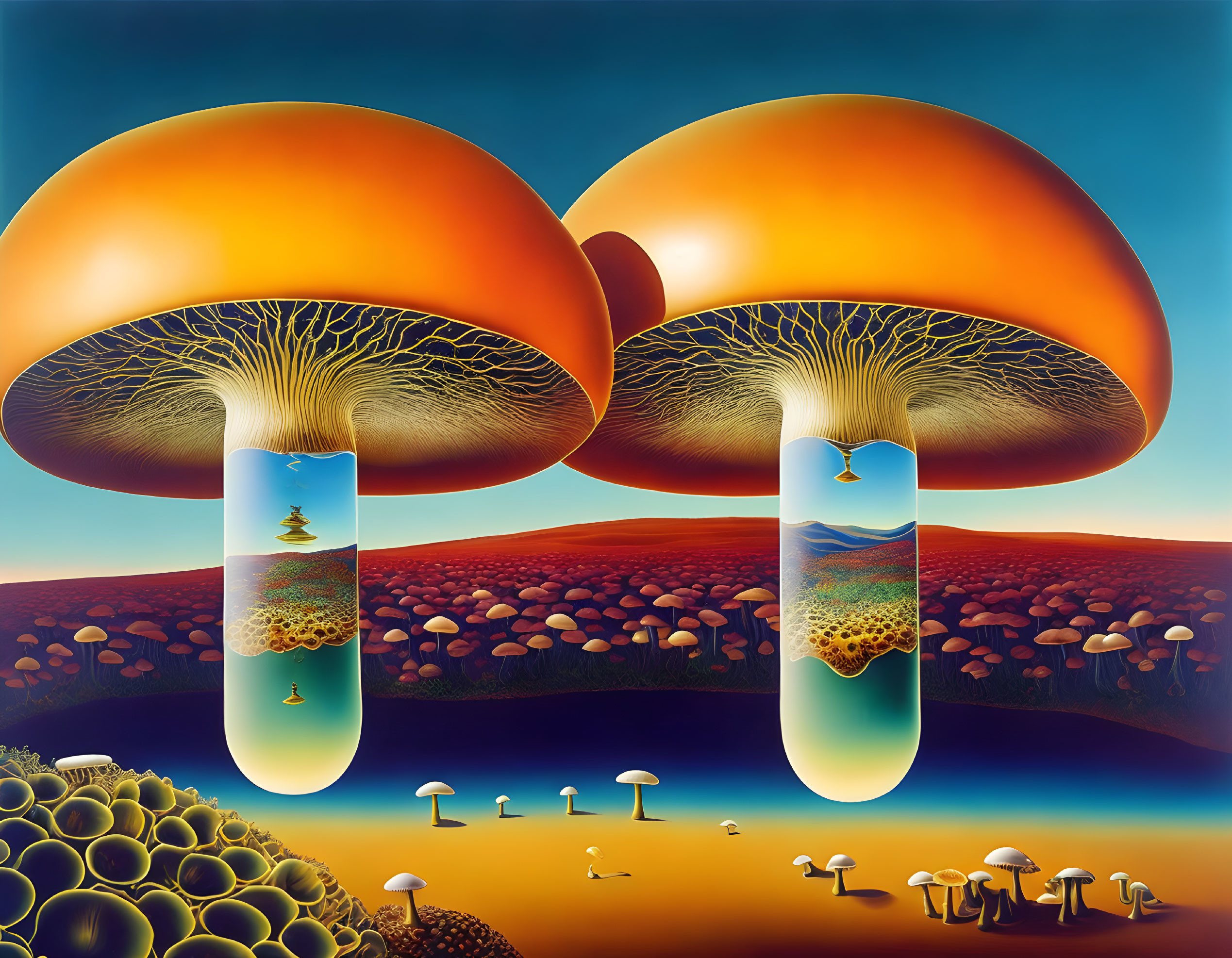 Surreal oversized mushrooms in vibrant landscape scene