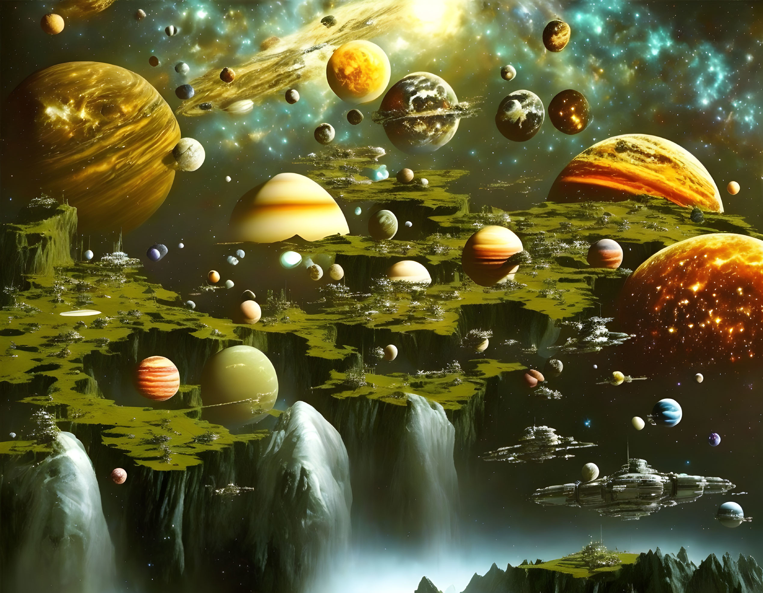 Fantastical sci-fi landscape with planets, asteroids, and space stations above waterfall and rocky terrain