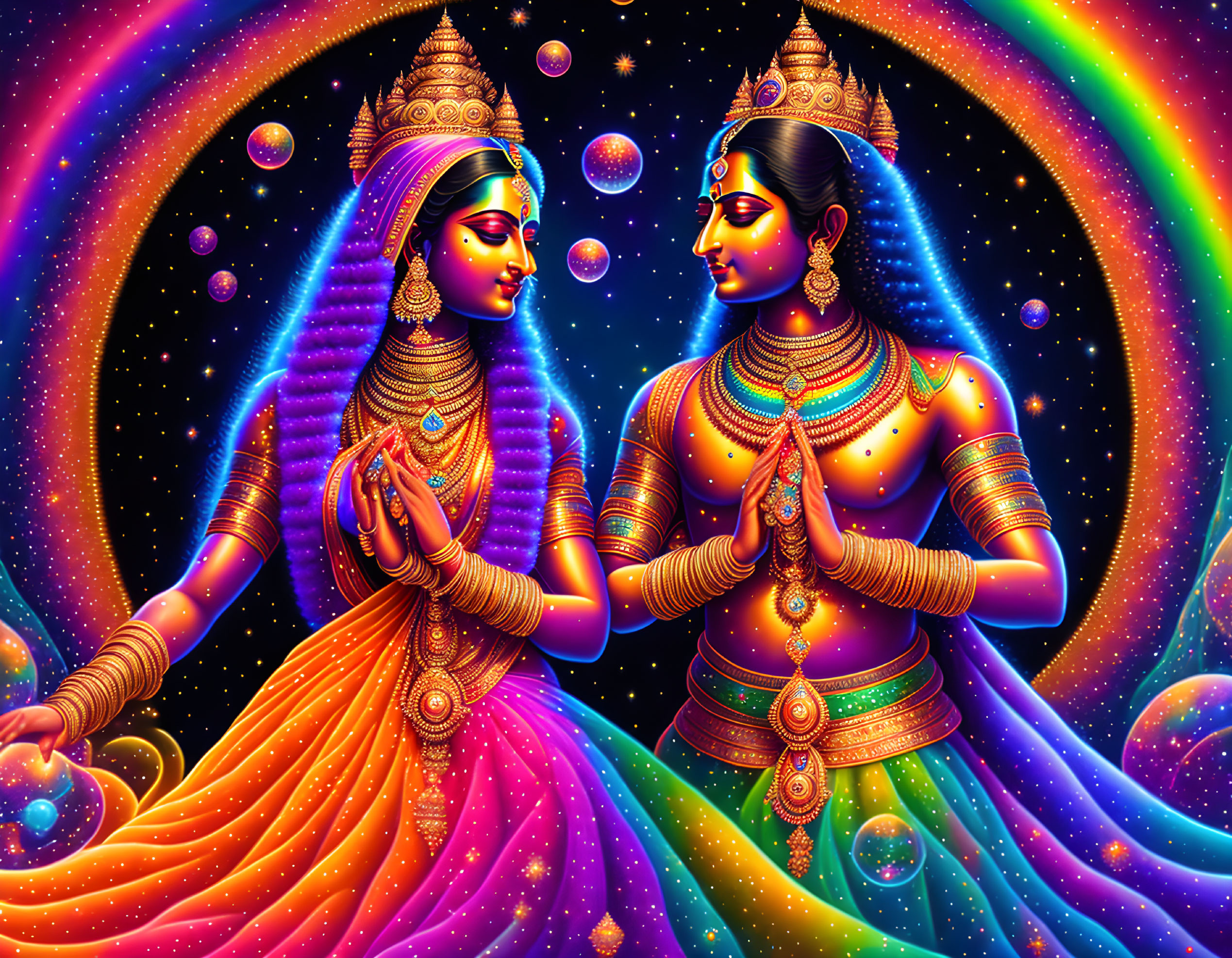 Colorful Indian attire couple with cosmic background.