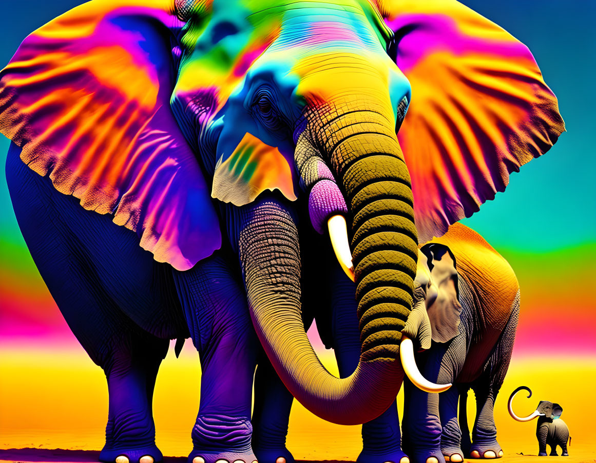 Colorful Digital Art: Three Elephants on Gradient Background