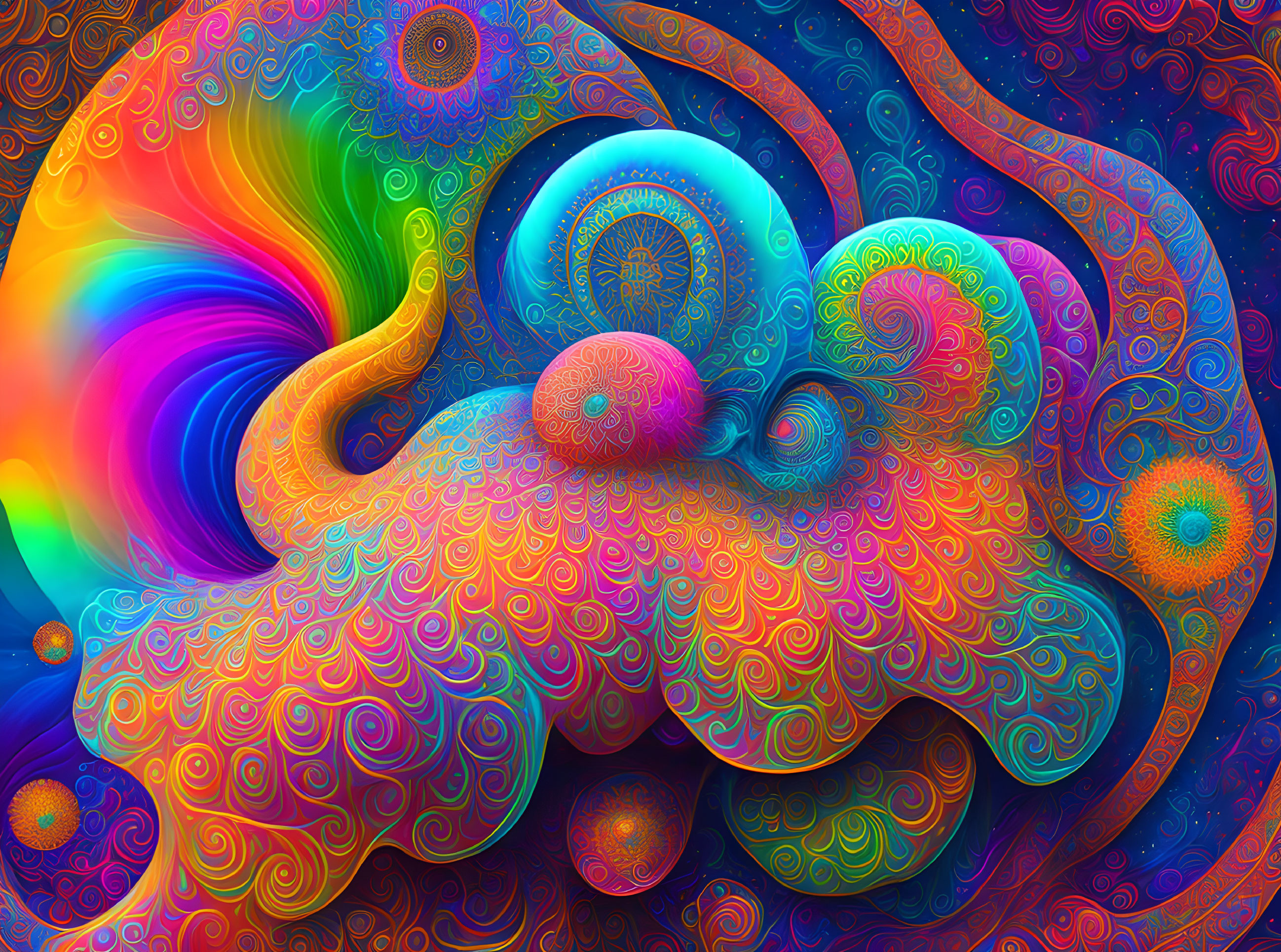 Colorful Abstract Image with Swirling Patterns and Fractal Designs