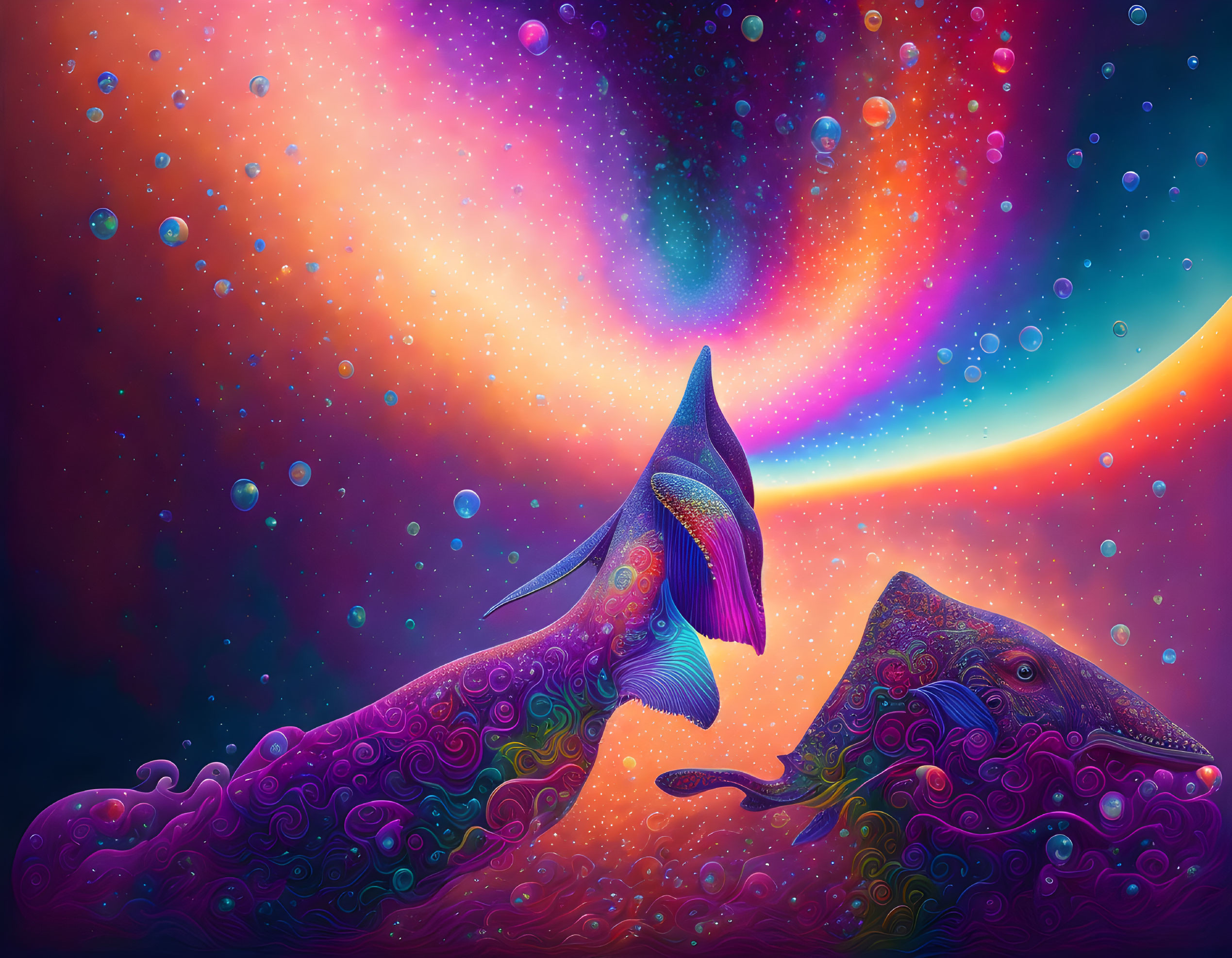 Colorful psychedelic whales swimming in space with swirling patterns.