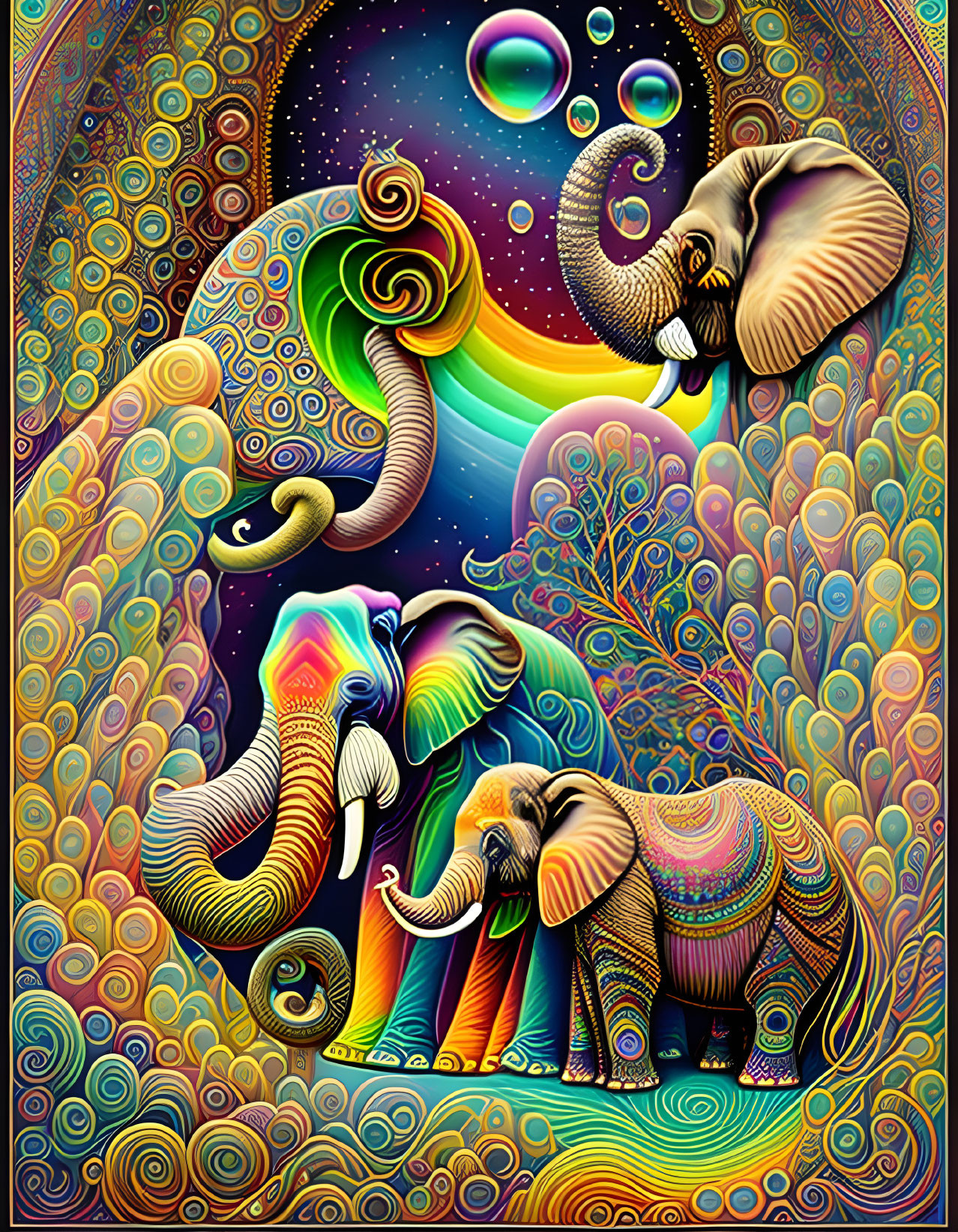 Colorful Psychedelic Artwork: Three Elephants in Elaborate Patterns