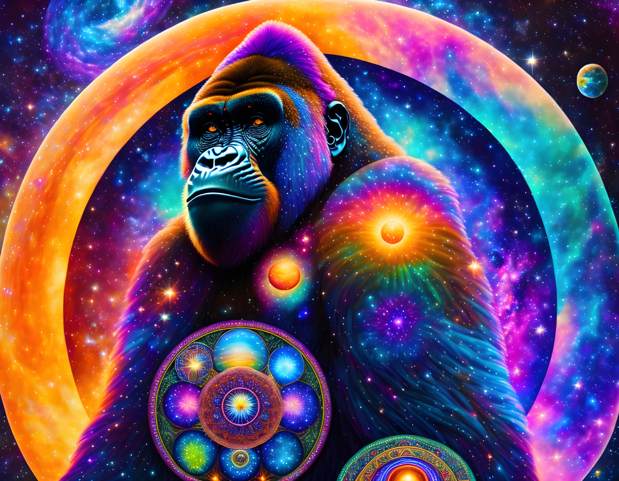 Colorful Gorilla Digital Artwork with Cosmic Space Theme