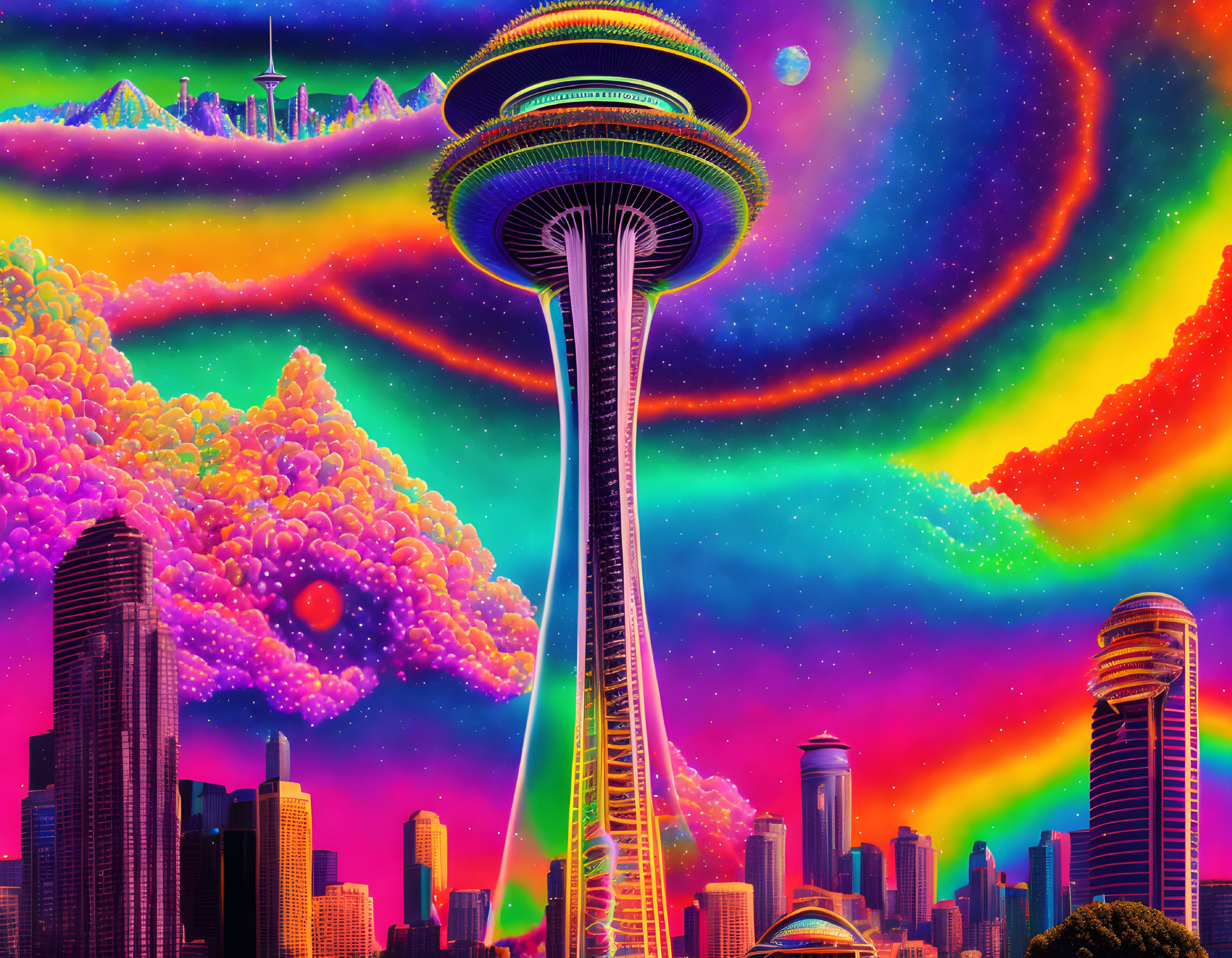 Surreal cityscape with futuristic tower and colorful skies