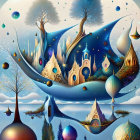 Surreal digital artwork: Floating whale creature with cities, orbs, and whimsical structures