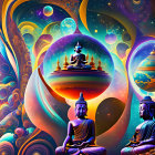 Colorful digital artwork: Three meditating figures in cosmic setting