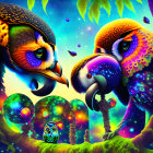 Colorful cosmic illustration of stylized owls with celestial bodies in space.