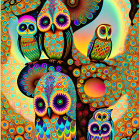 Colorful Psychedelic Portrait with Person, Gorillas, and Bubble Patterns on Crescent Moon Background