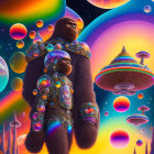 Colorful psychedelic illustration with skeletal figure and cosmic elements