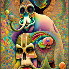 Colorful Psychedelic Skull Art with Roses and Bubble Circles