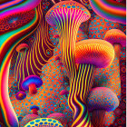 Colorful psychedelic illustration of elephants and mushrooms in intricate patterns.