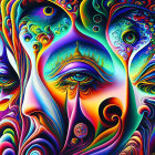 Colorful Psychedelic Art: Intricate Faces & Patterns in Blues, Oranges, and Pur