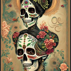 Day of the Dead-themed digital artwork with skull faces and intricate cosmic patterns.