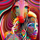 Vibrant psychedelic art of stylized female faces and surreal multi-eyed creature