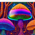 Colorful psychedelic mushrooms in whimsical forest with bubbles and owl