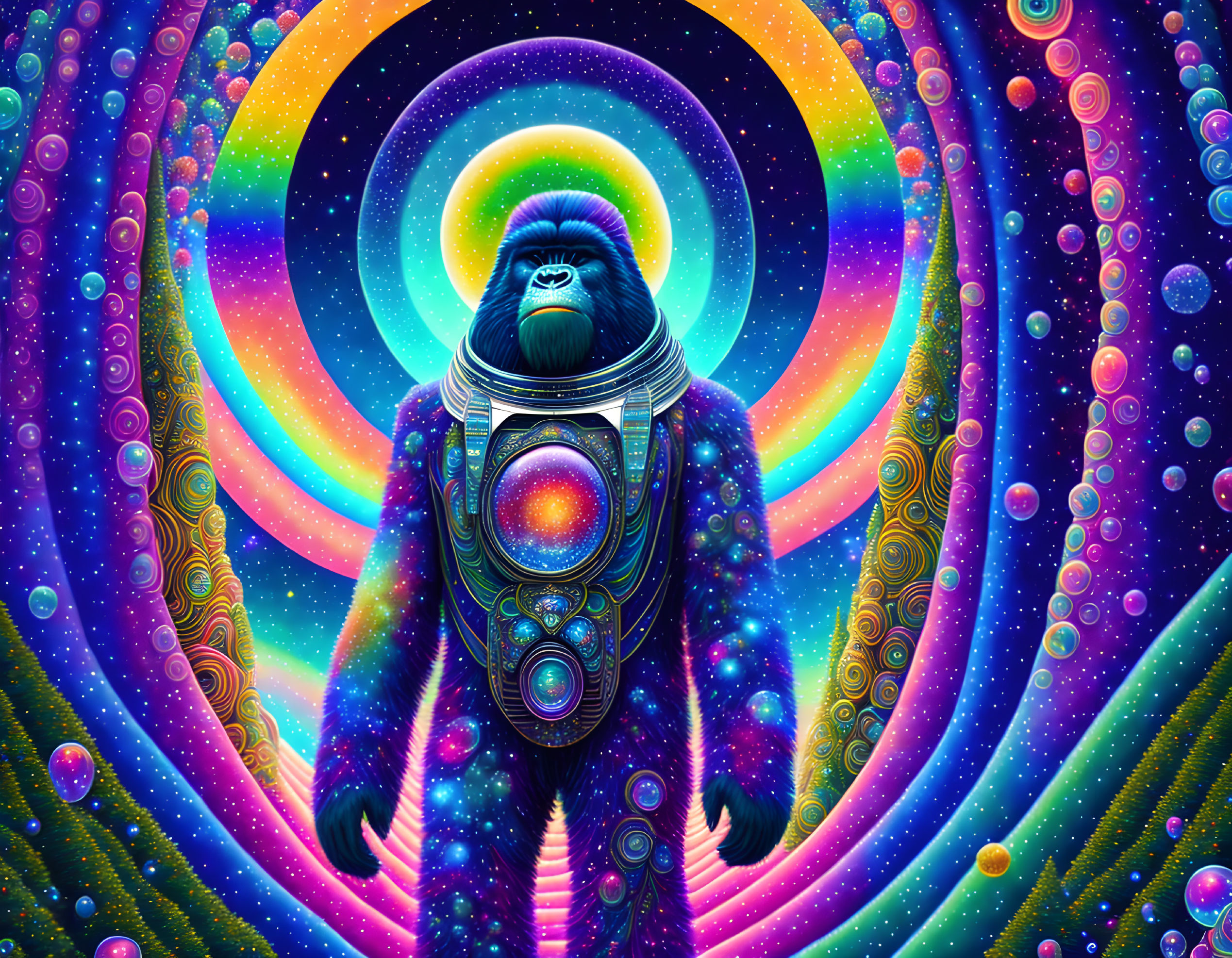 Colorful anthropomorphic gorilla in psychedelic space scene