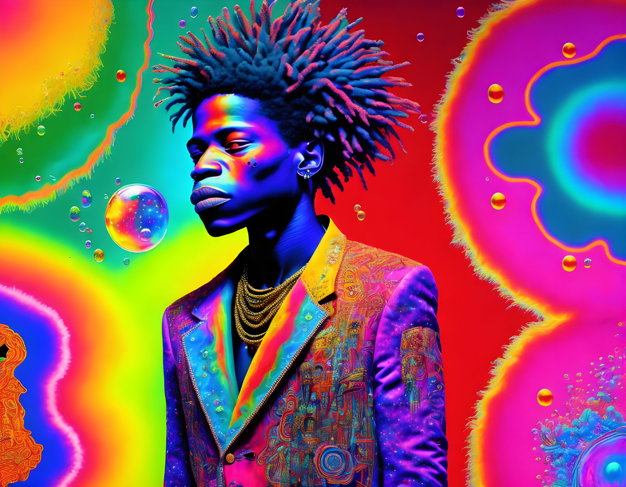 Colorful portrait with artistic hairstyle on psychedelic background