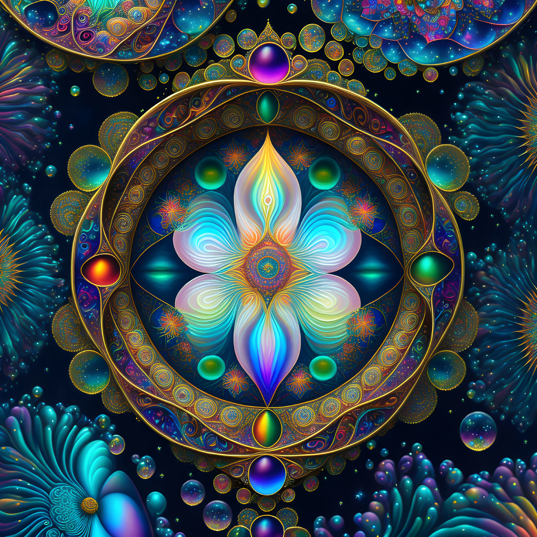 Symmetrical cosmic mandala design with vibrant jewel tones