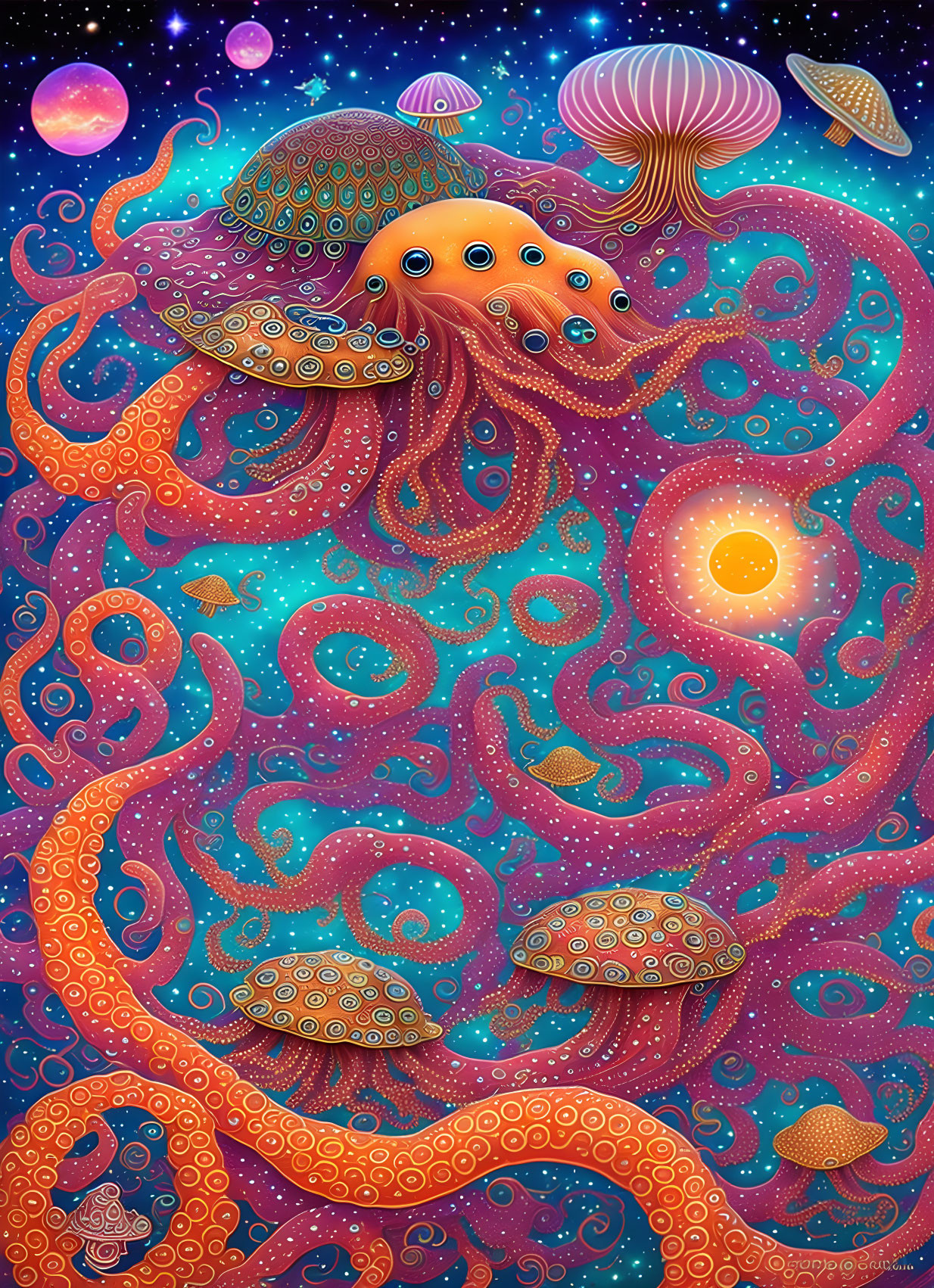 Colorful Psychedelic Octopus in Space Illustration with Stars and Planets