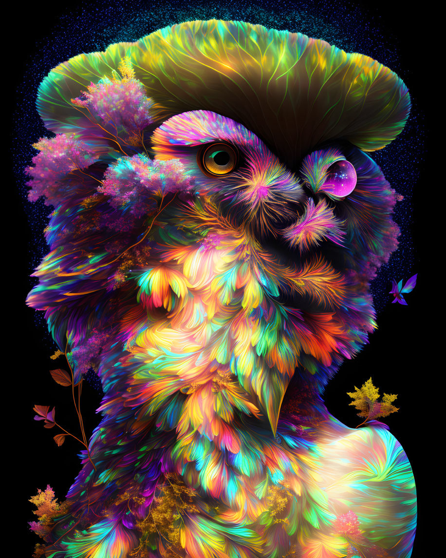 Colorful Stylized Owl Artwork with Neon Flora on Dark Background