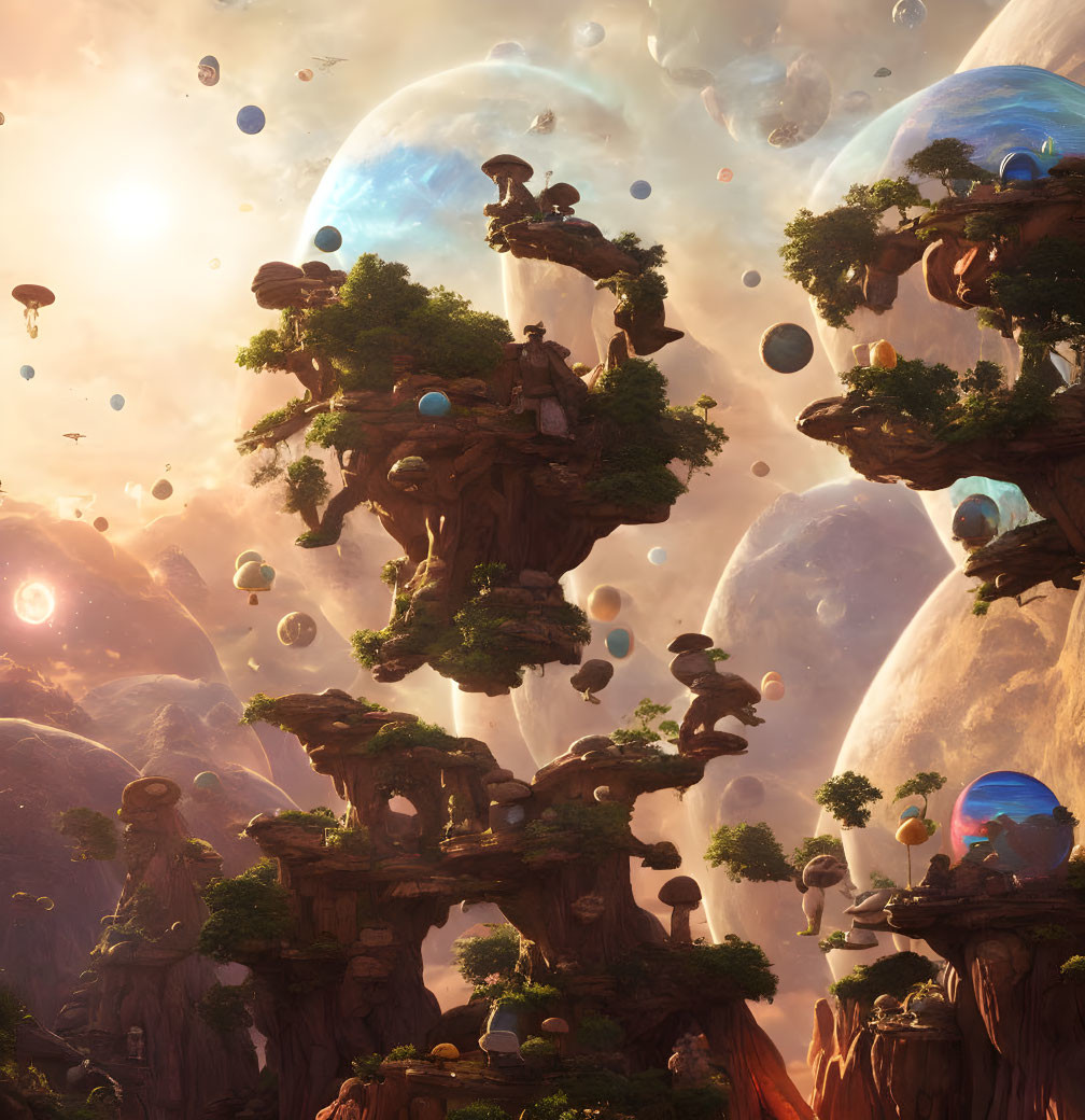 Majestic trees on floating rocks with orbs, giant planets, warm glowing sky