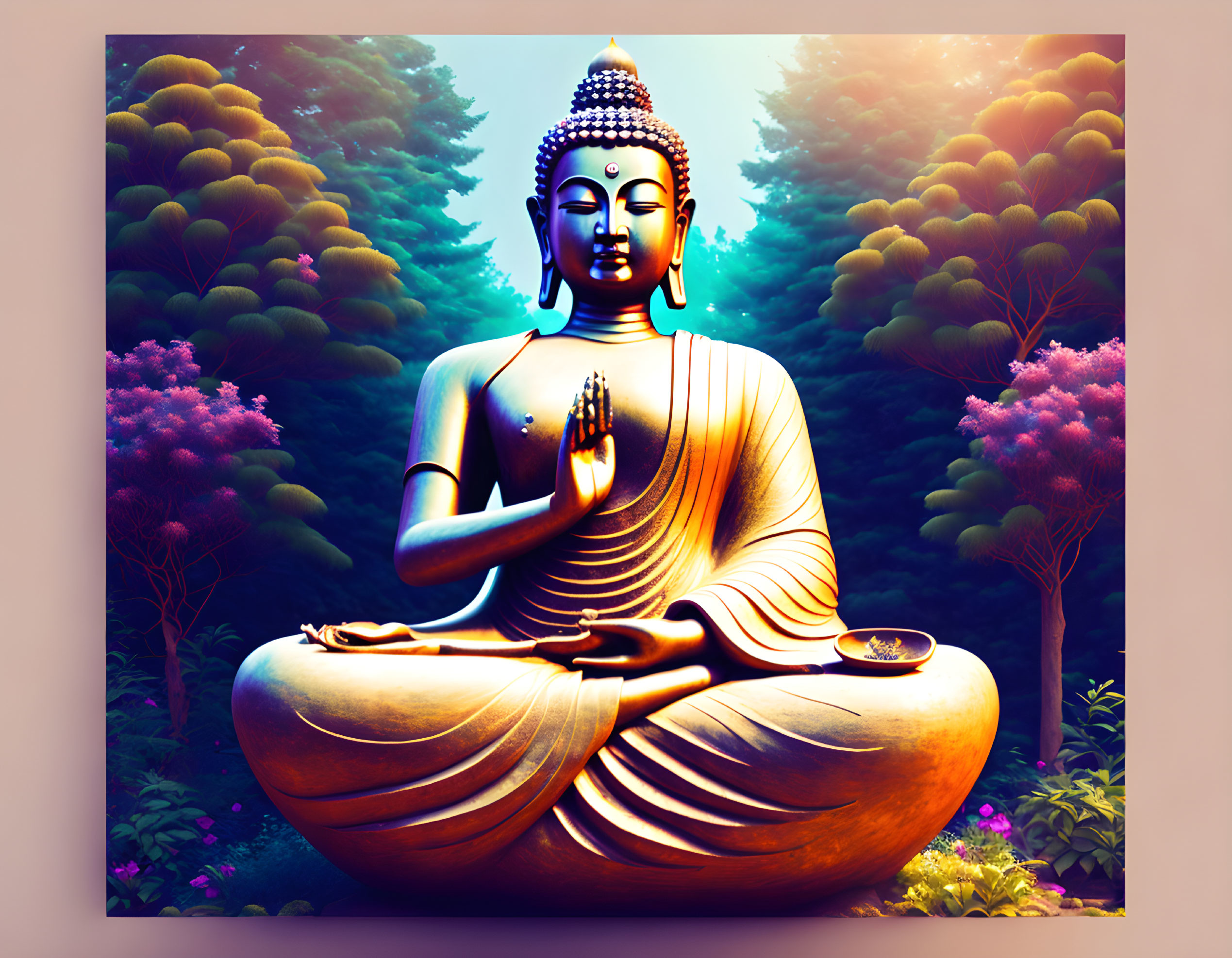 Buddha statue meditating in colorful, mystical setting