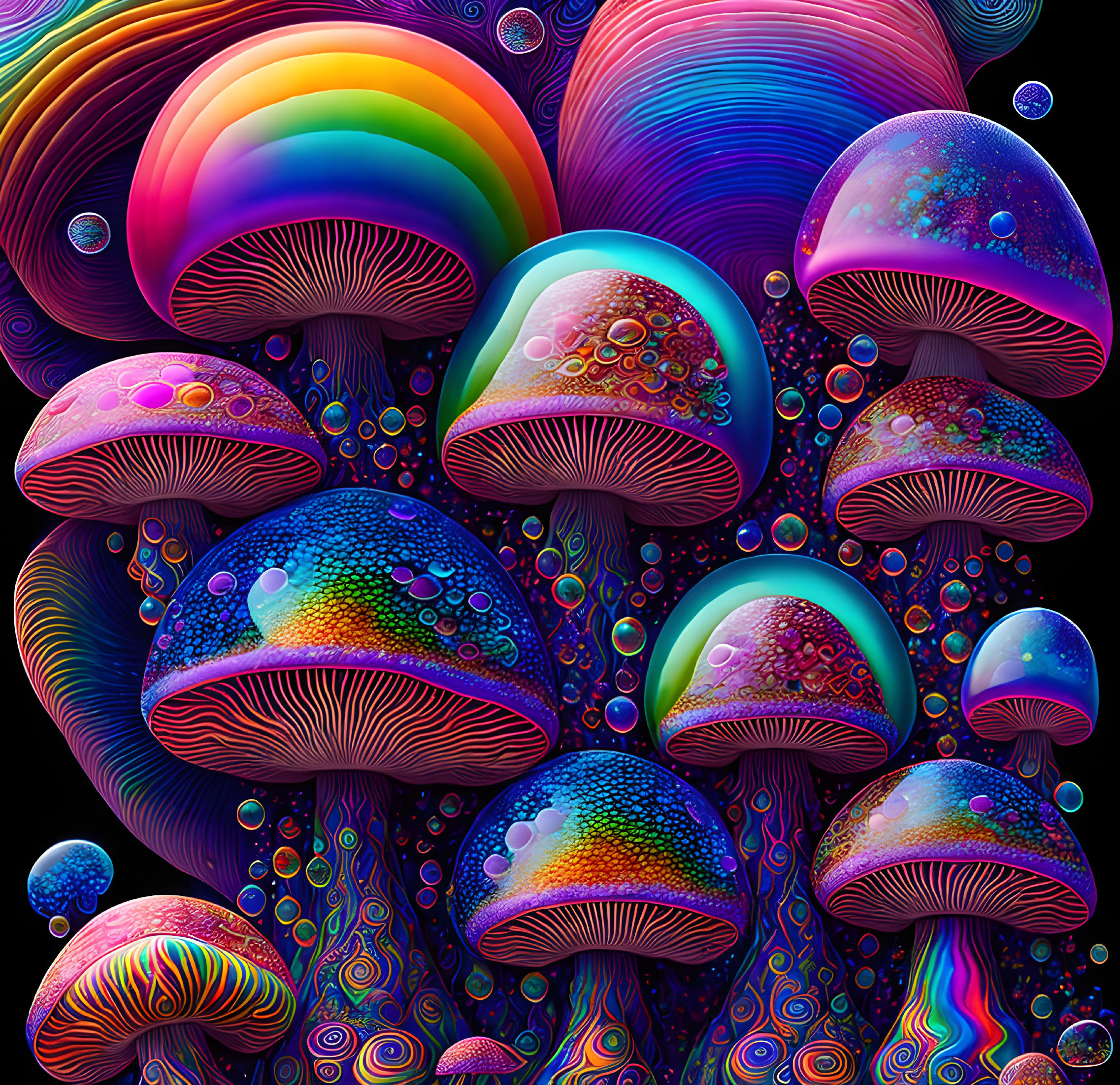 Colorful psychedelic mushrooms against dark background