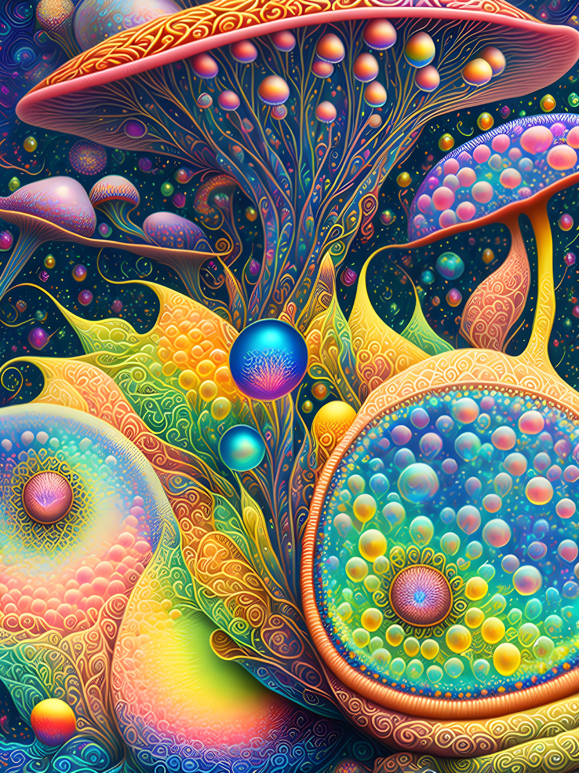 Colorful Psychedelic Artwork: Intricate Mushroom Patterns & Vibrant Orbs