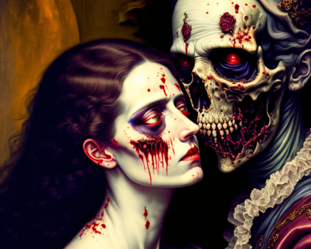 Digital artwork: Skeleton embracing pale woman with blood details on dark background