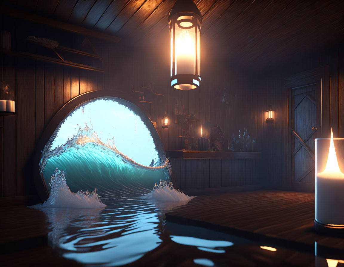 Surreal ocean wave in bubble inside cozy wooden cabin with lantern