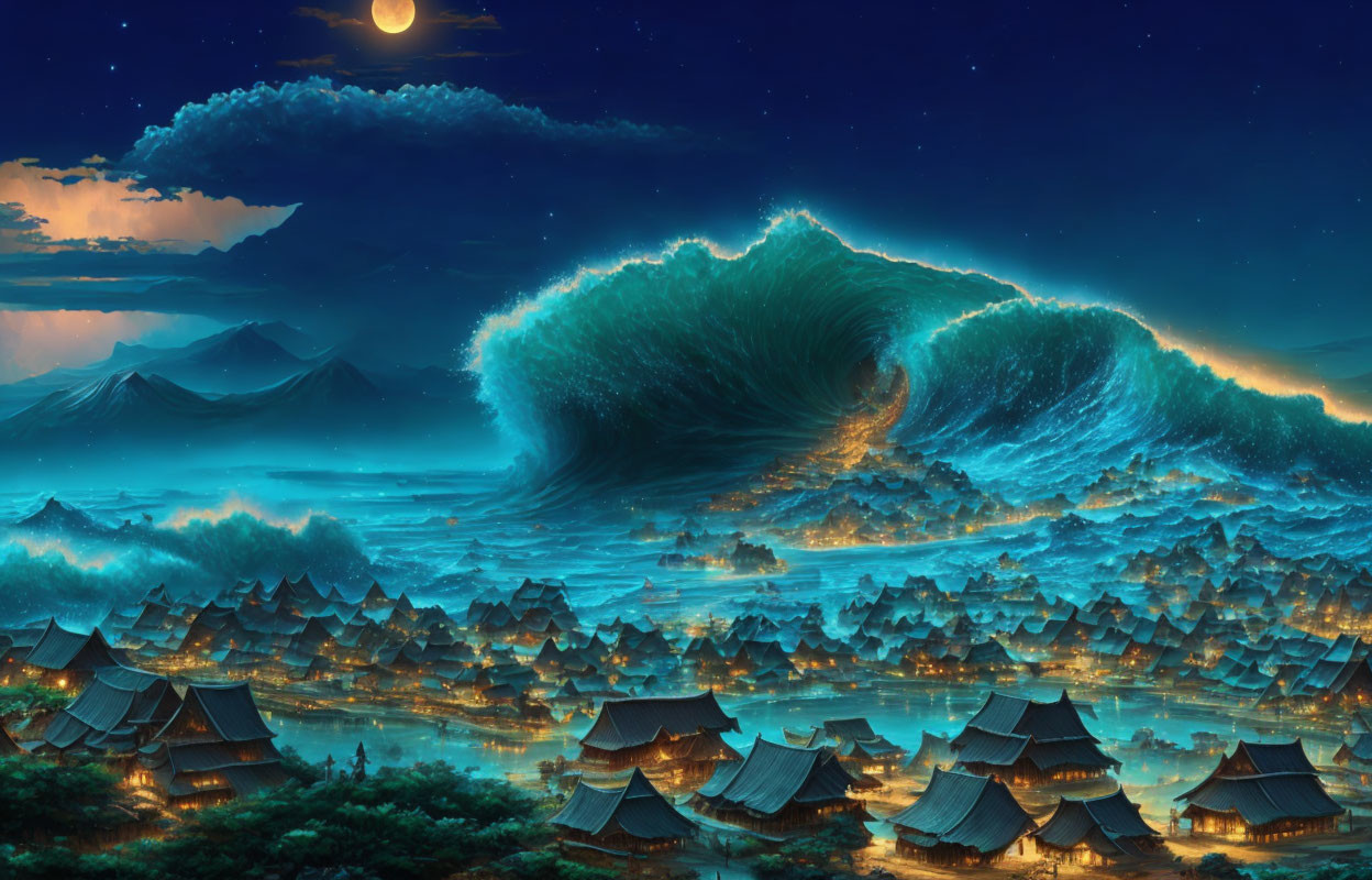 Moonlit village under colossal wave and mountains: surreal scene