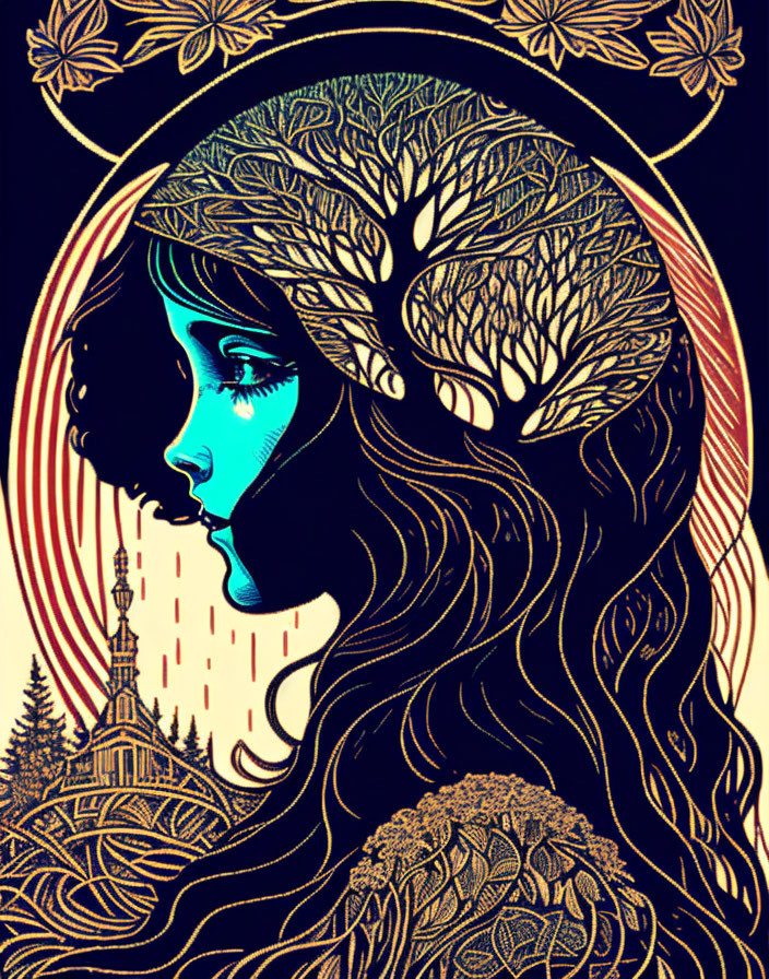 Woman's profile with nature-inspired elements in dark palette with blues and golds