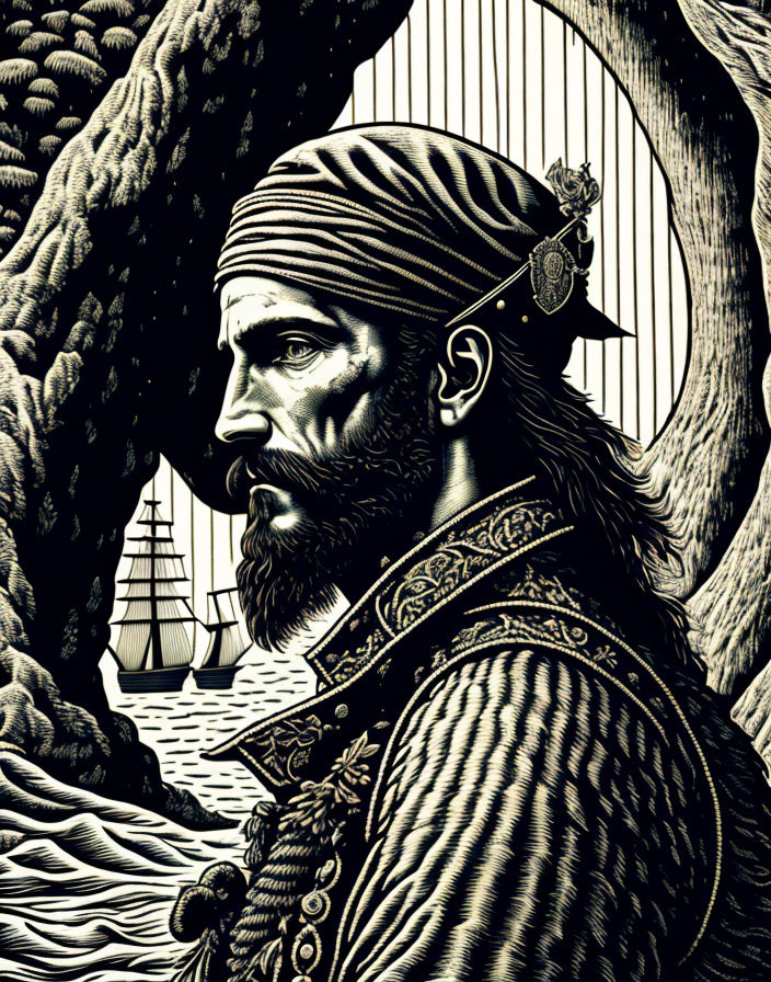 Monochrome illustration of bearded man in historical attire with ship and waves, highlighting maritime motif