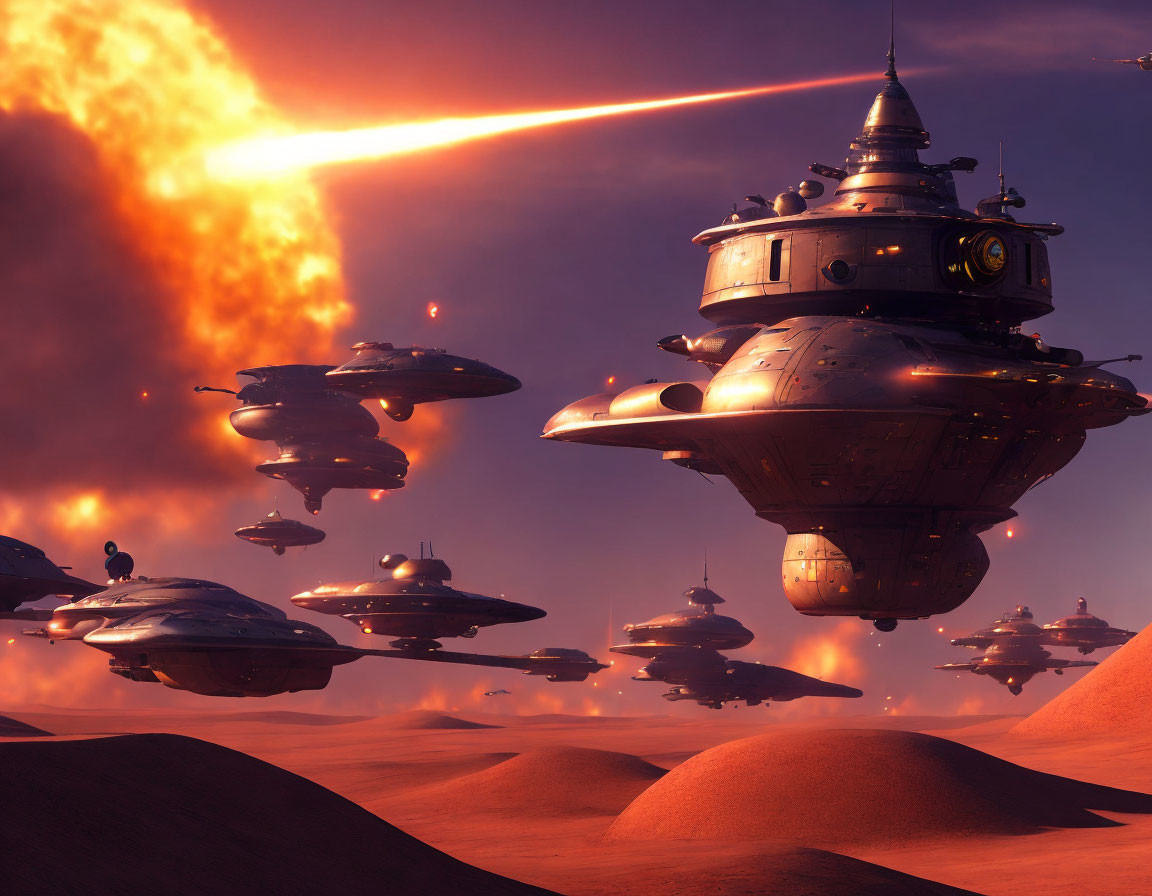 Futuristic spaceships over desert planet with fiery trail