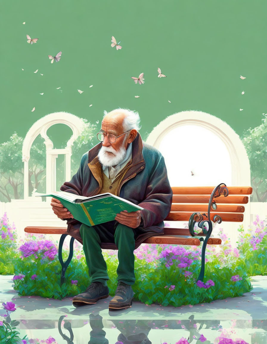 Elderly man with white hair reading green book in park with butterflies