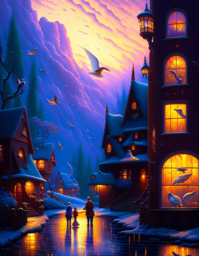 Two individuals walking towards illuminated building amidst snow-covered houses under purple sky.