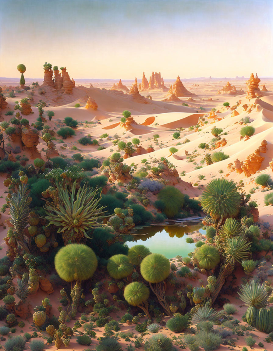 Desert oasis with green cacti, water body, sand dunes, and rock formations