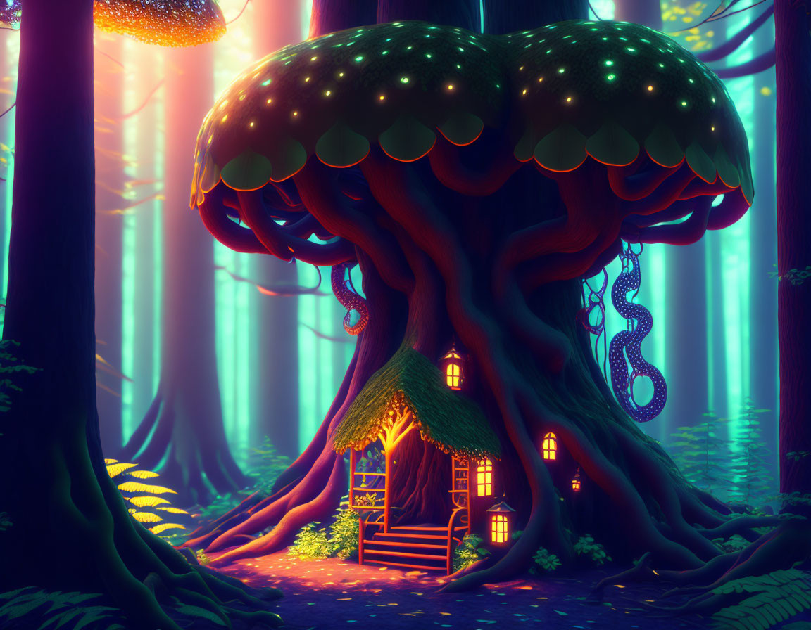 Fantasy tree illustration with glowing mushrooms and cozy house in mystical forest