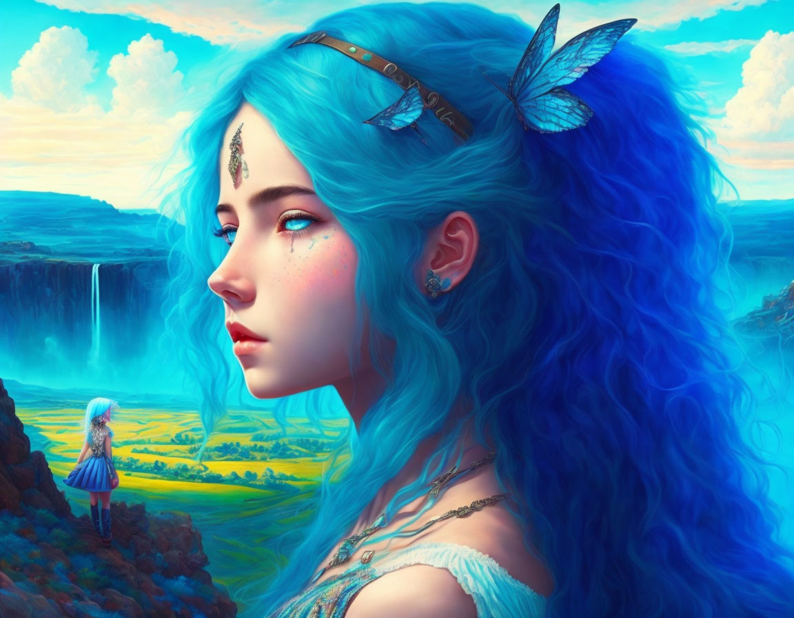 Vibrant blue-haired woman with butterfly in surreal landscape