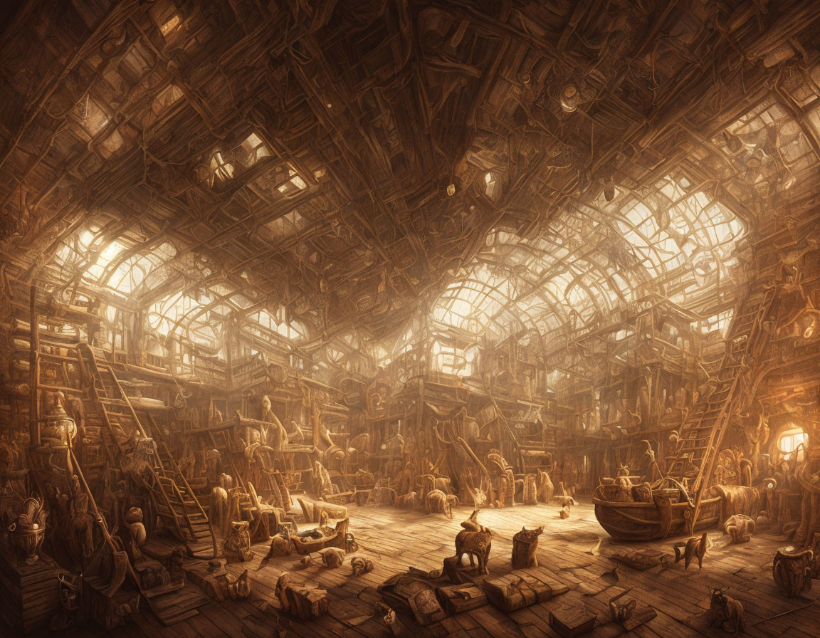 Detailed Sepia-Toned Workshop Illustration with Tools and Boat