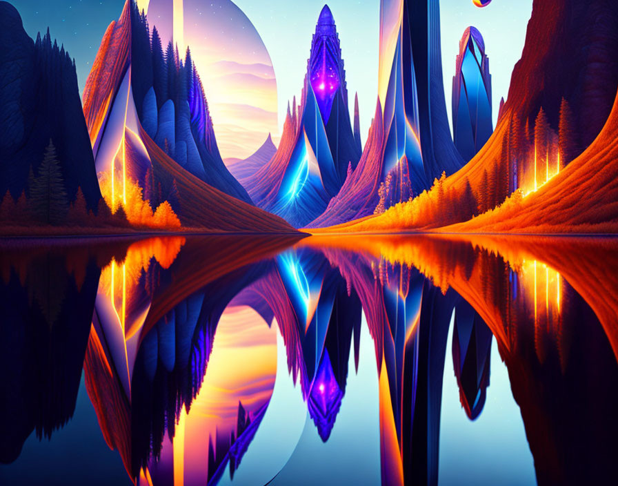 Neon-lit digital art landscape with mirror reflections, crystal structure, and twilight sky