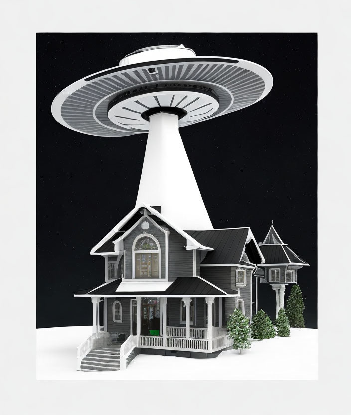 Classic Two-Story House Snow UFO Beaming Light