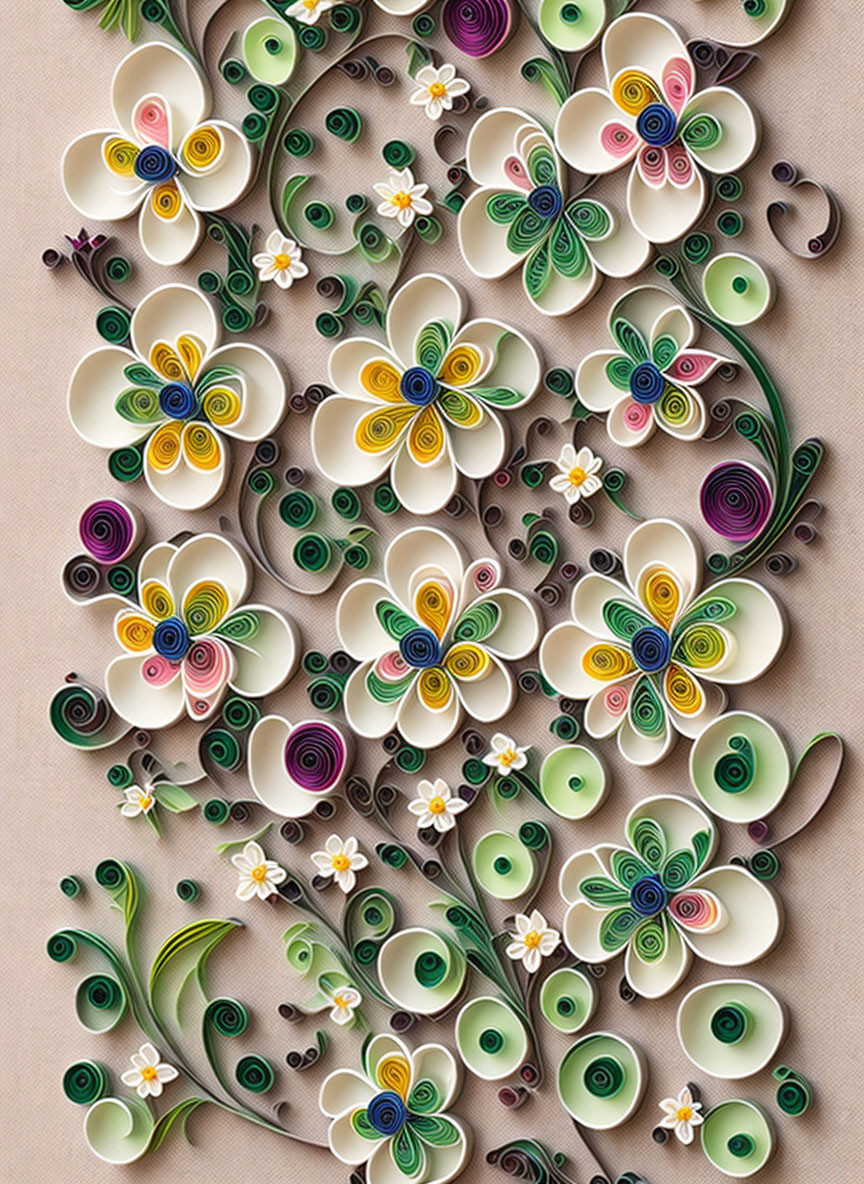 Colorful Quilled Paper Art: Flowers and Vines on Beige Background