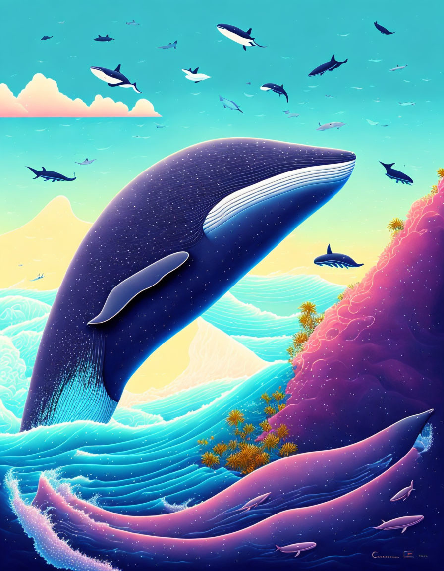 Illustration of giant whale above ocean with marine life, birds, colorful sky, and coral formation