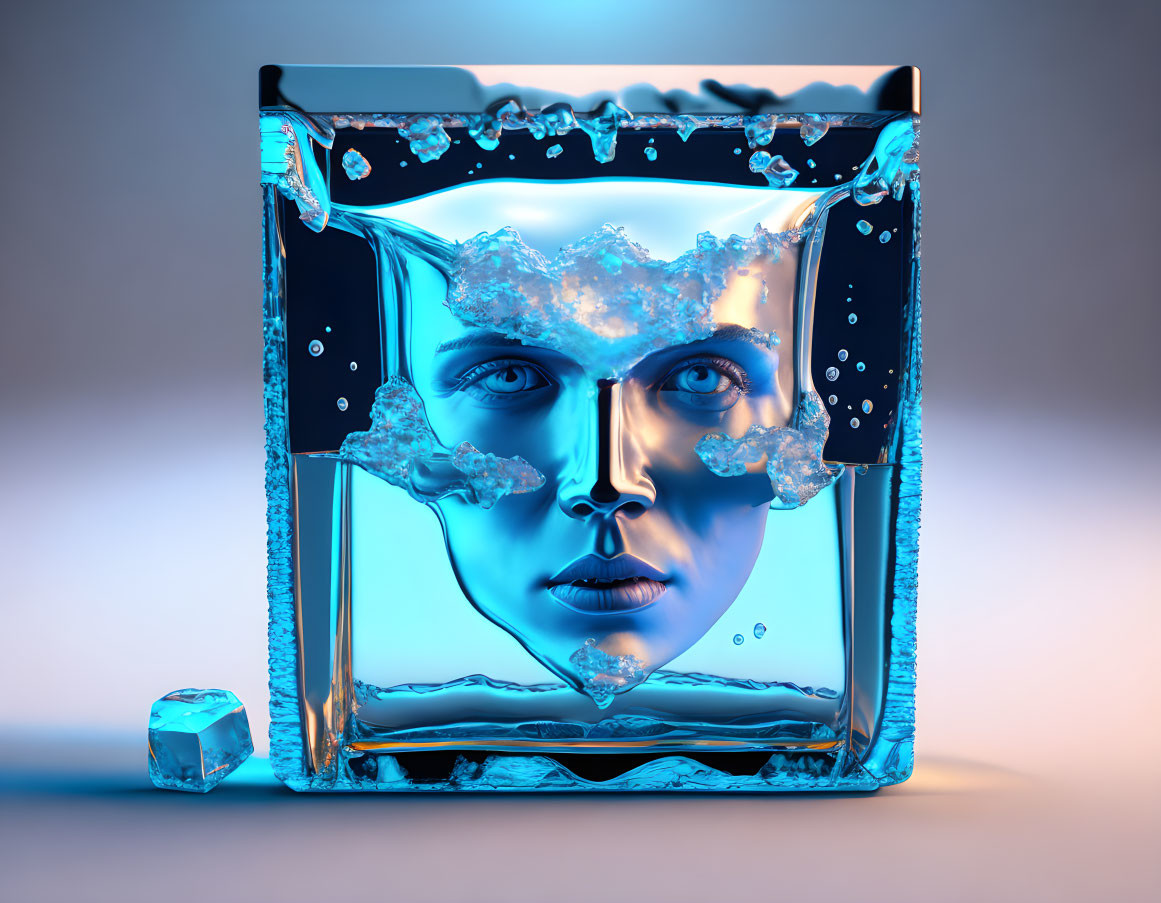 Glass cube filled with water and human face surrounded by ice formations