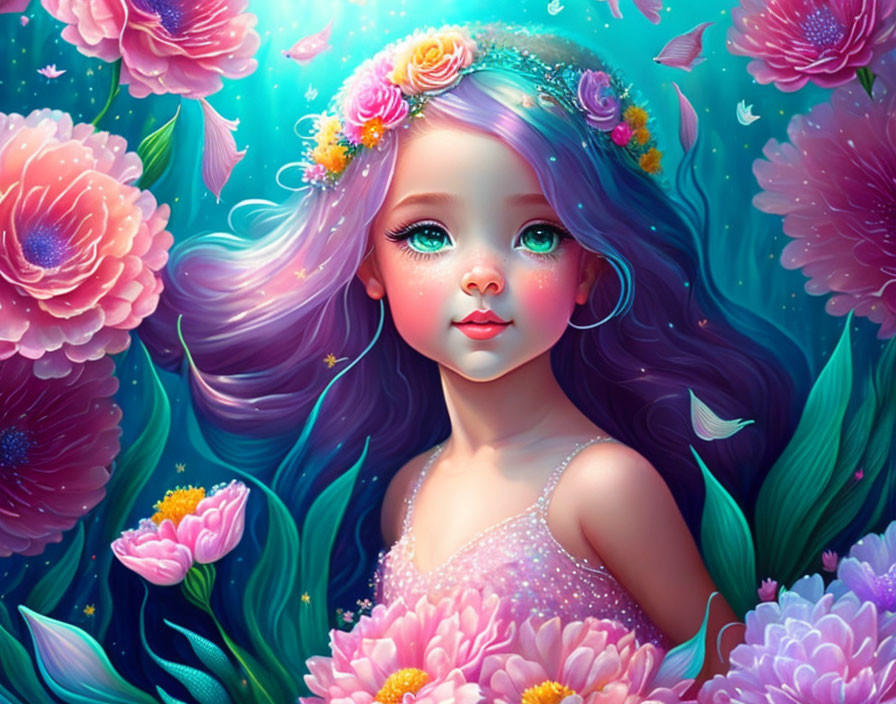 Illustration of girl with long purple hair, blue eyes, floral headband, pink flowers, white