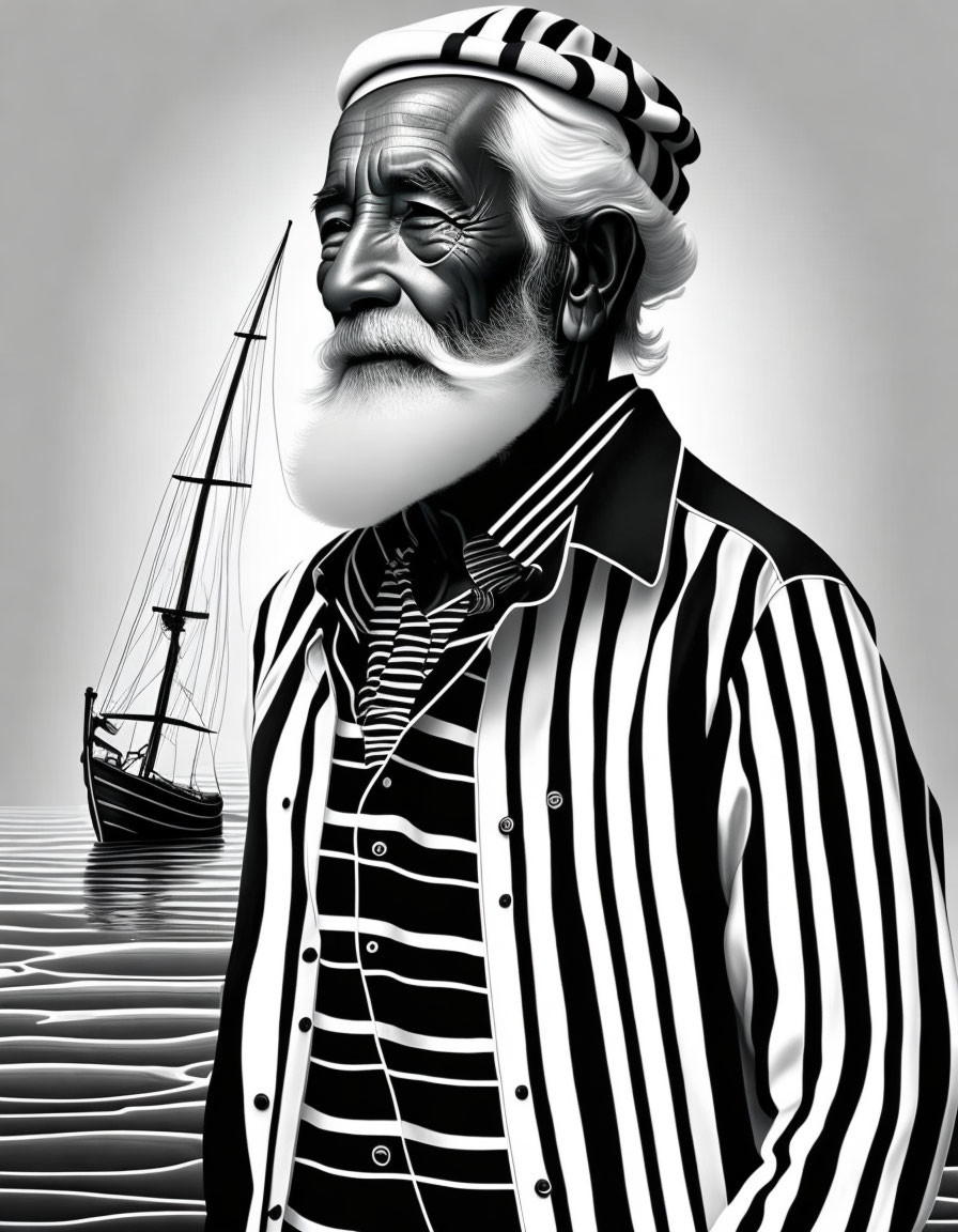 Monochrome illustration of elderly sailor with ship