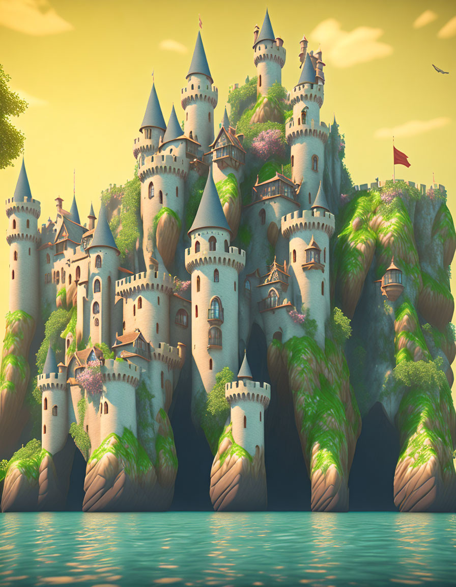 Expansive castle with towers and turrets on lush cliffs by tranquil waters